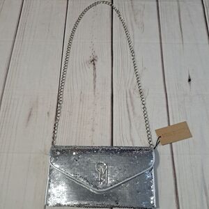 STEVE MADDEN BGLAMY Sequin Clutch Silver Shoulder Crossbody Bag Party